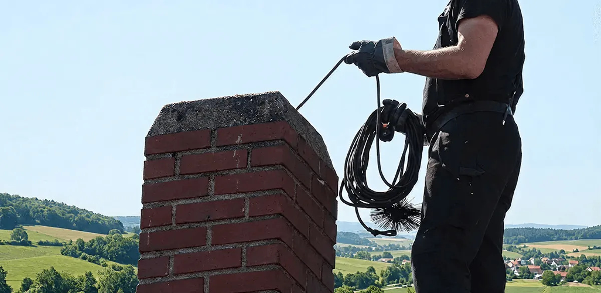 Chimney sweep inspecting and cleaning a rooftop chimney in Hialeah, FL